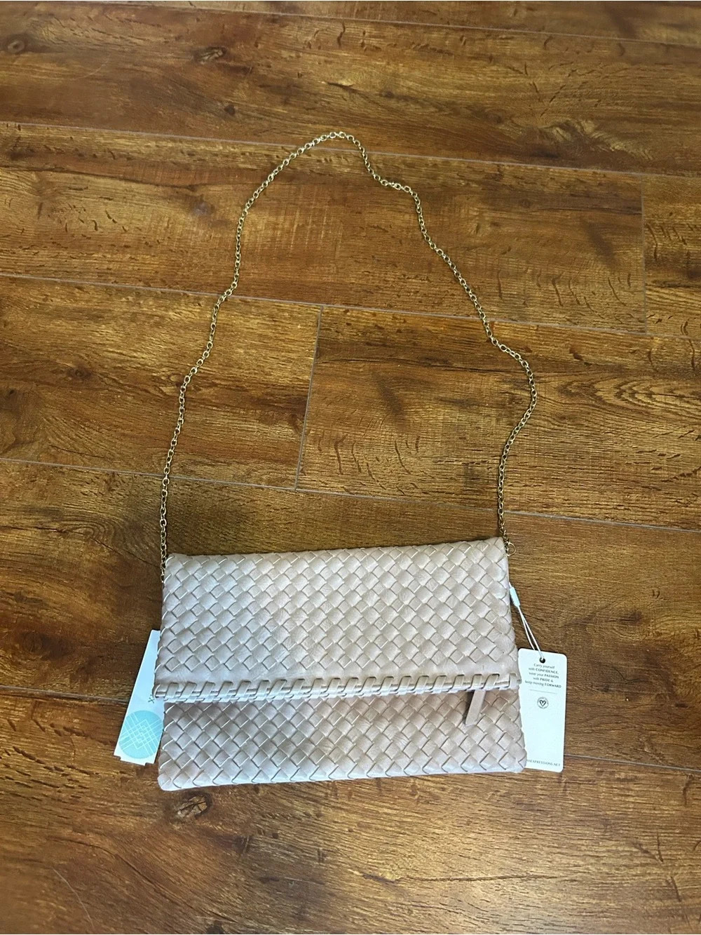 Woven Fold-Over Wristlet Clutch in Light Beige with Gold Chain